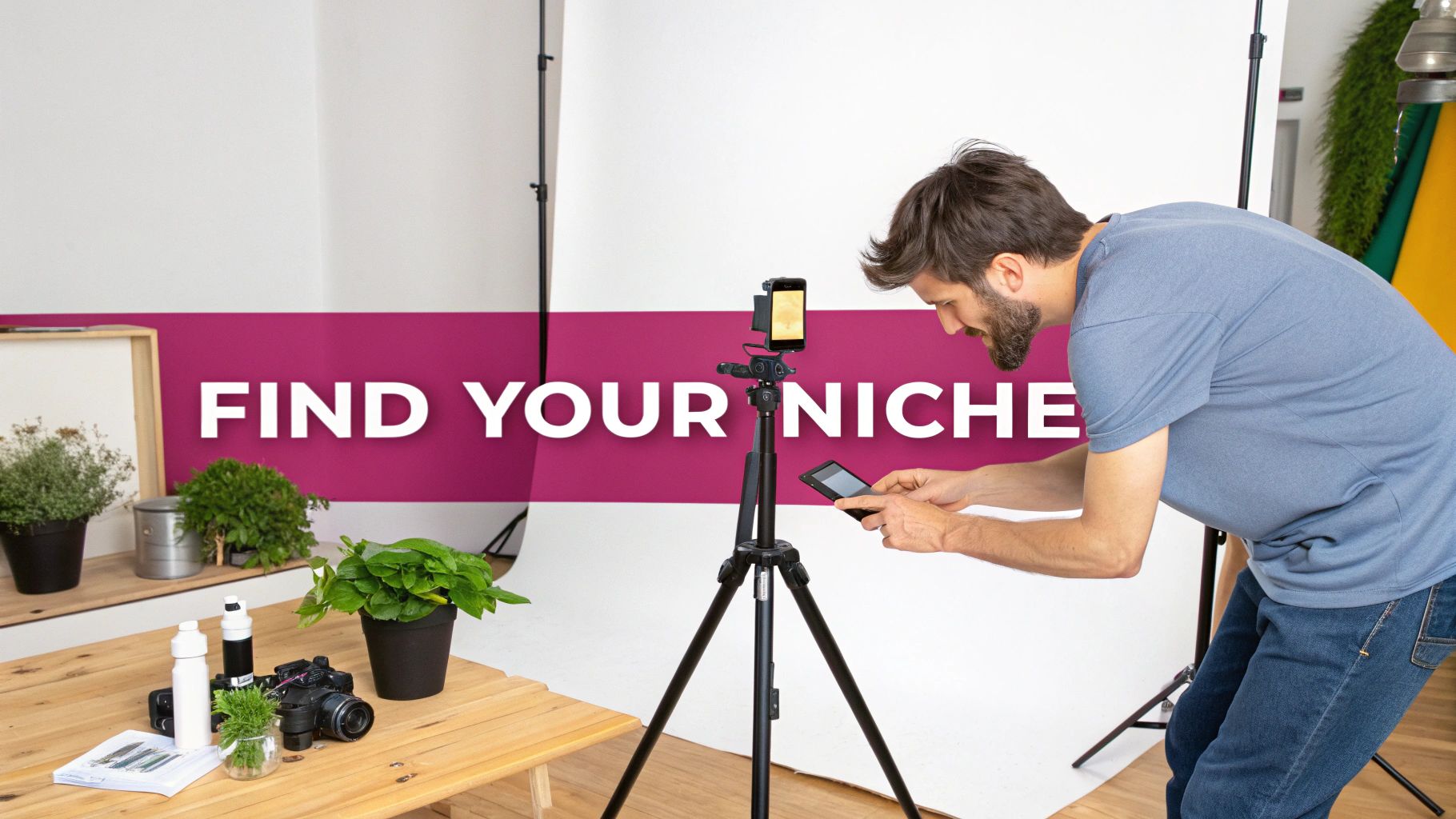 A man with a beard is setting up a smartphone camera on a tripod for a product photo shoot in a home studio.