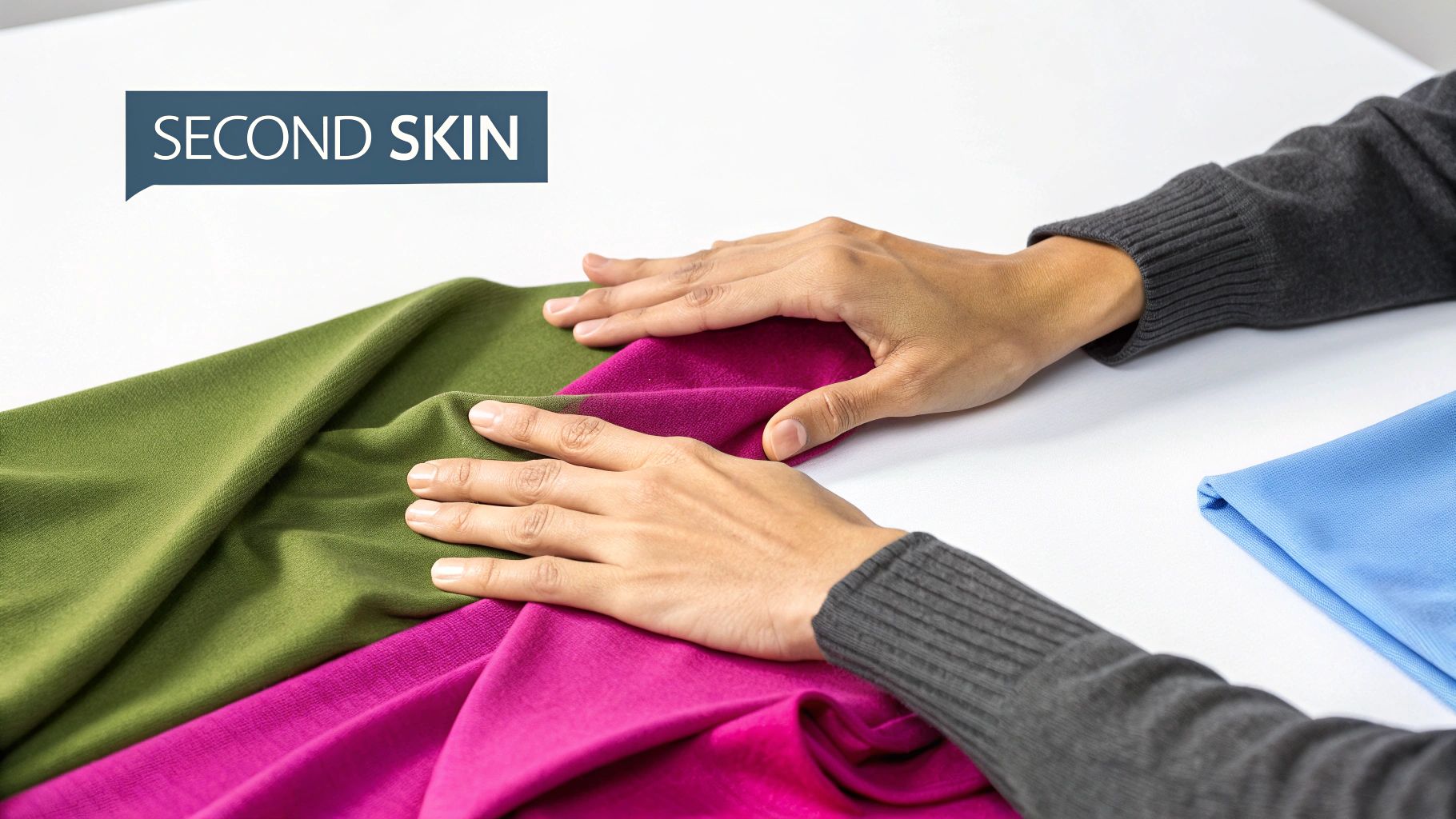 Hands touch soft green and magenta fabrics, with a blue fabric and 'SECOND SKIN' text.