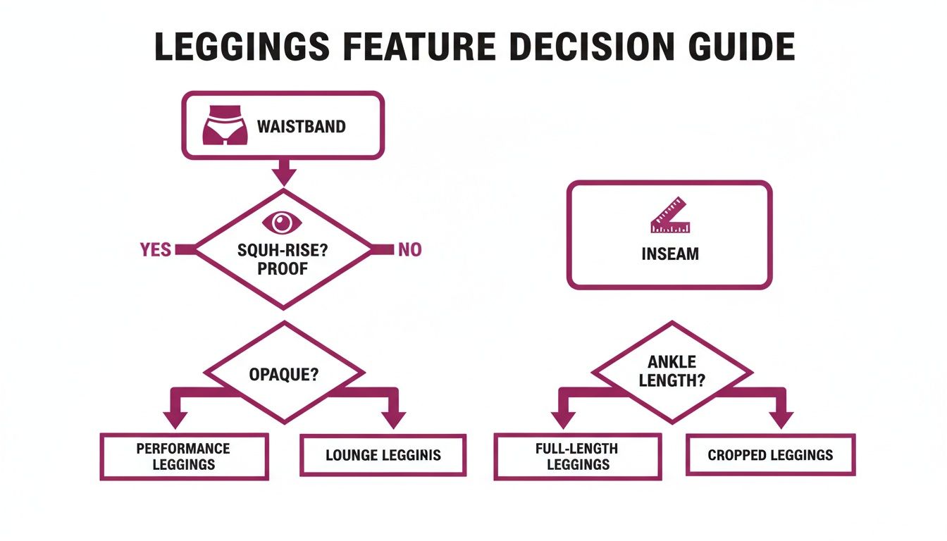 A leggings feature decision guide flowchart detailing choices based on waistband features and inseam length.