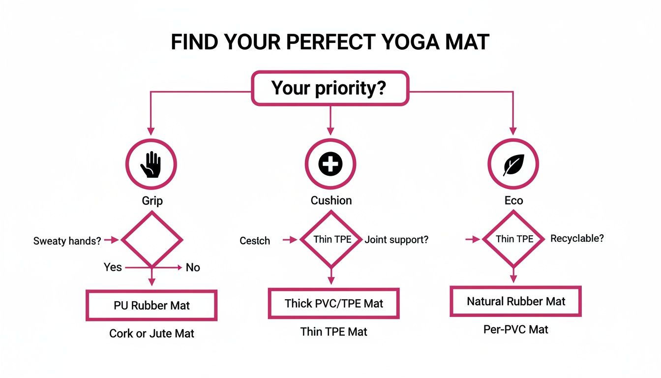 Flowchart guiding users to choose the perfect yoga mat based on grip, cushion, or eco-friendliness.