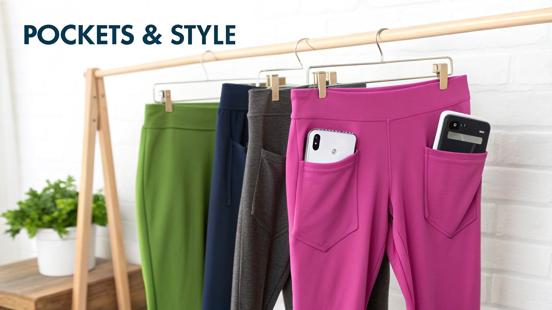Four colorful workout leggings with practical side pockets, one holding a smartphone, hanging on a rail.