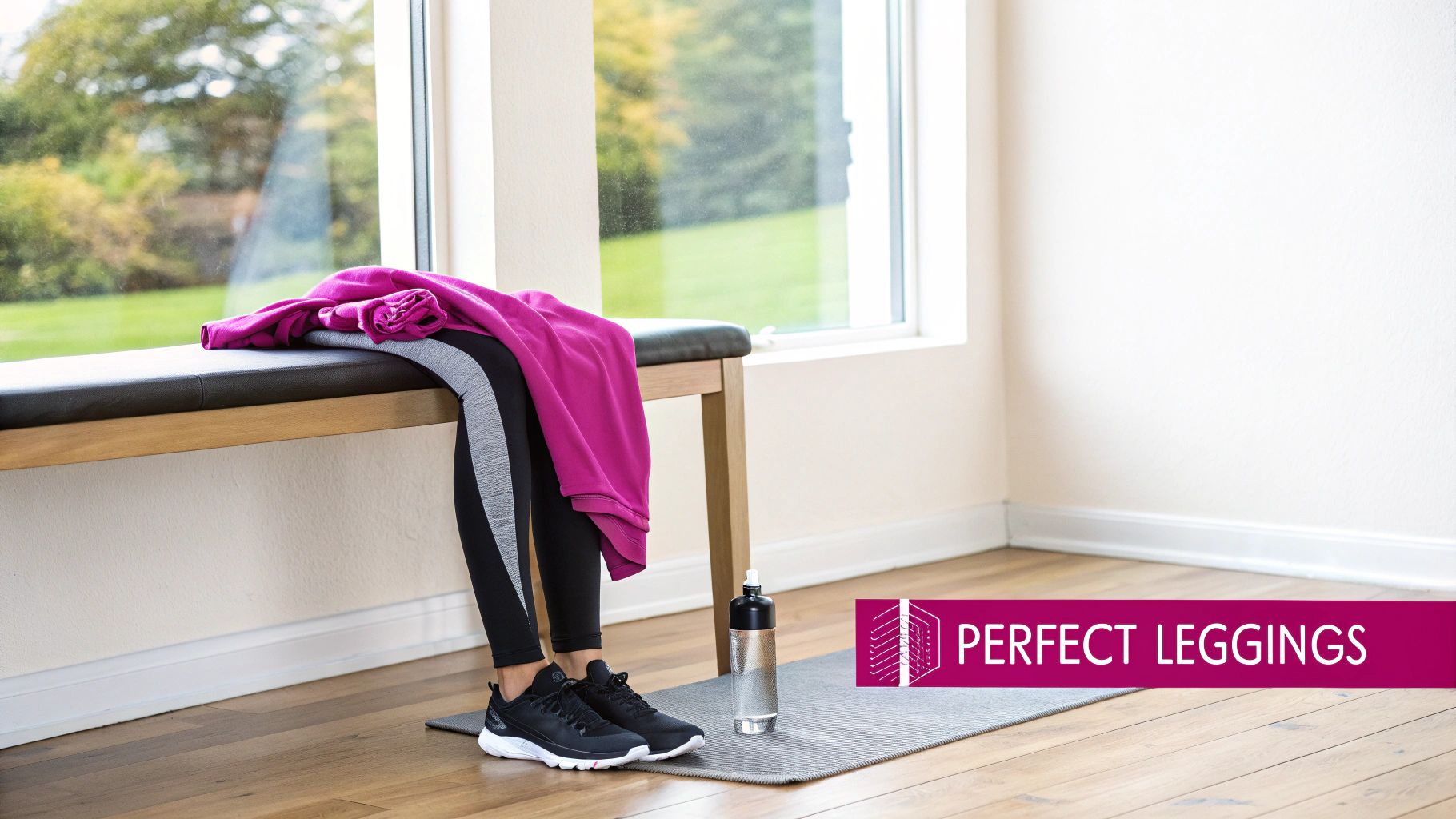 Close-up of legs in black and grey athletic leggings, with a pink top, water bottle, and yoga mat indoors.