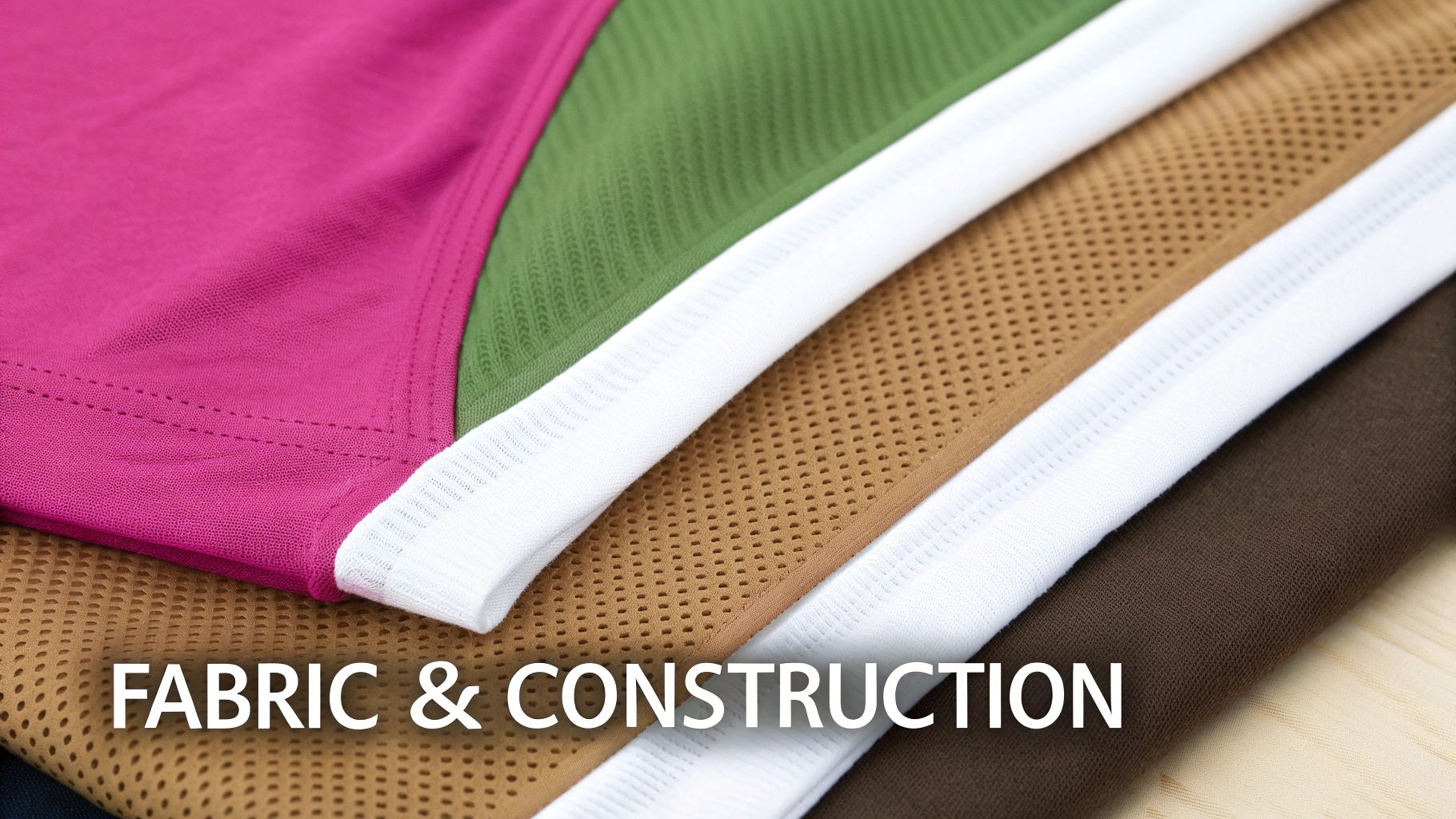 A close-up view of various fabric samples in different colors and textures, illustrating textile construction.