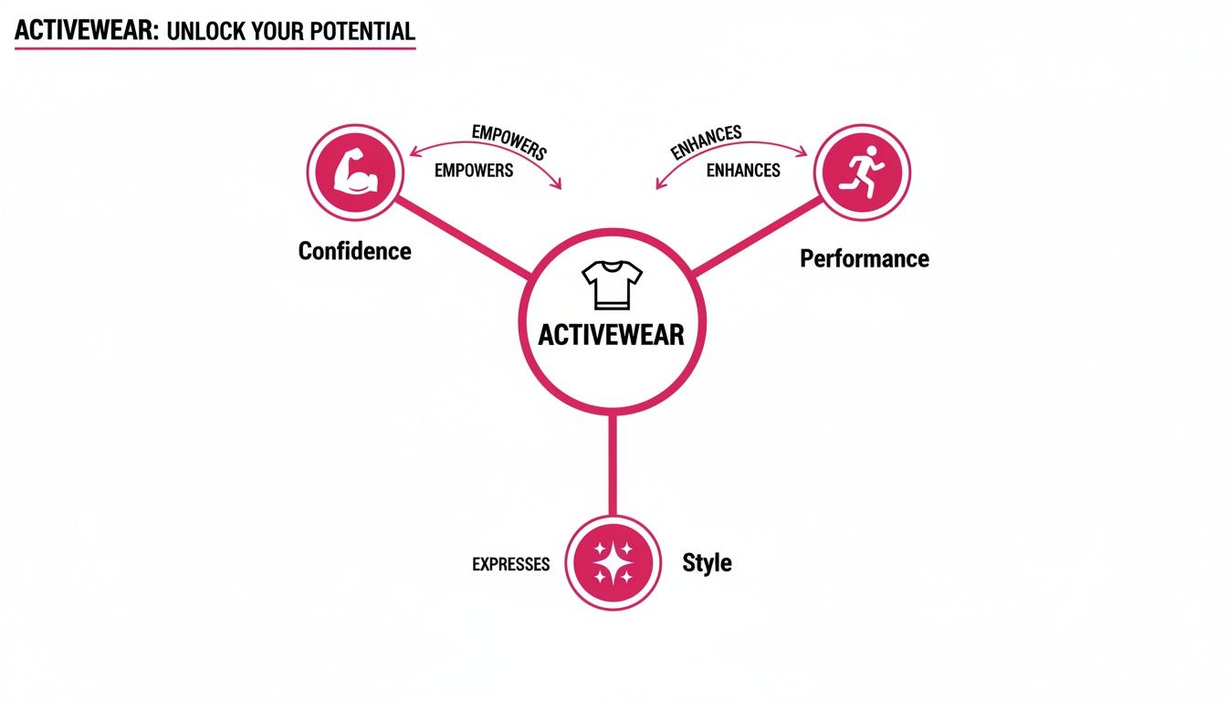 A diagram illustrating how activewear empowers confidence, enhances performance, and expresses style.