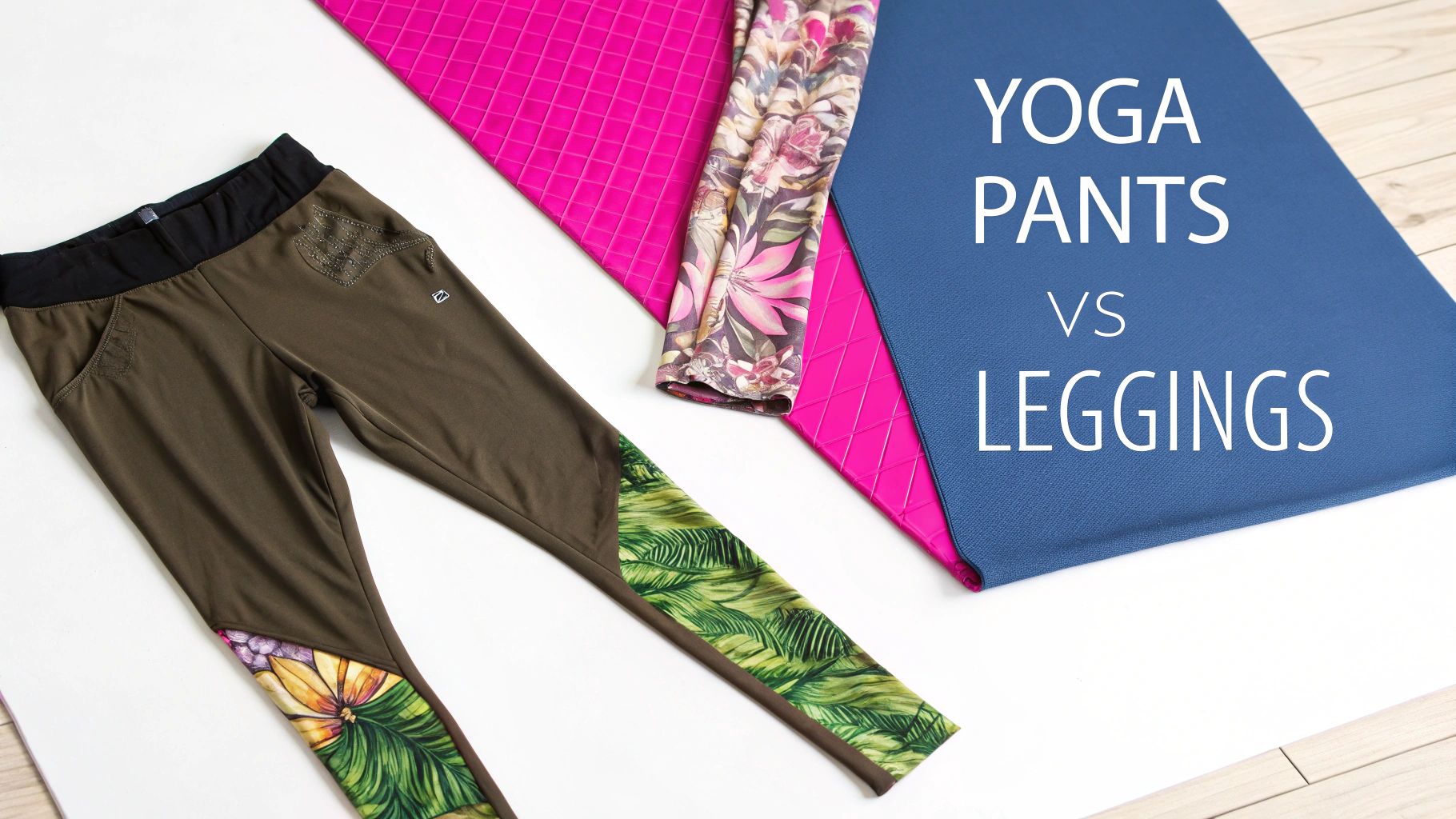 Brown yoga pants with floral patterns, pink and blue yoga mats illustrating 'Yoga Pants vs Leggings'.