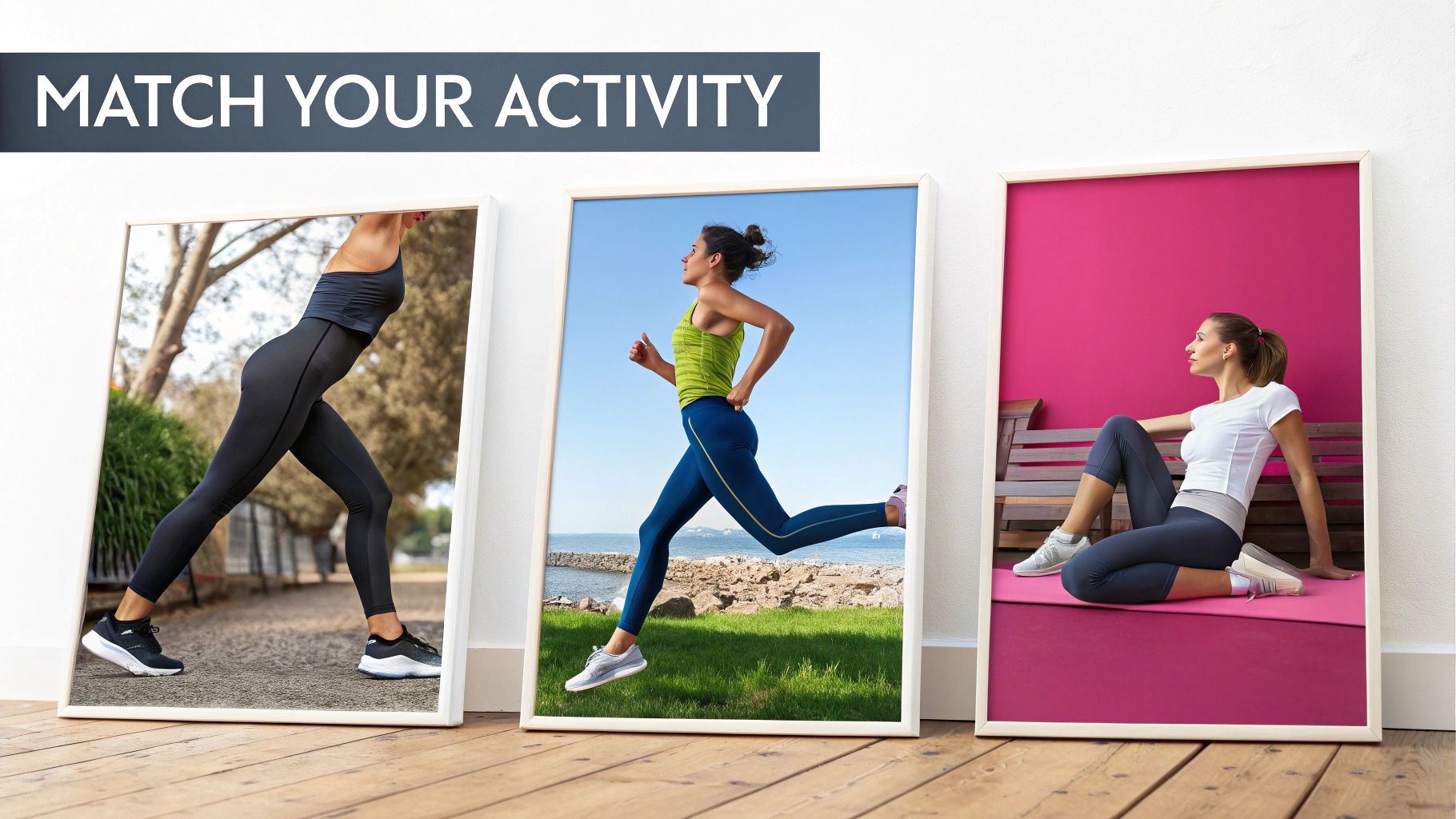 Three framed pictures show women engaging in various fitness activities: stretching, running, and resting.