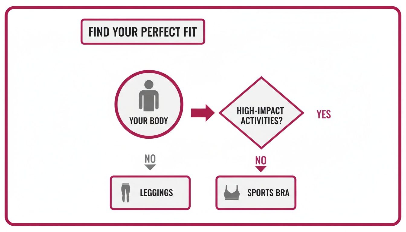A fitness apparel decision flowchart showing 'Your Body' leading to 'Leggings' or 'Sports Bra'.