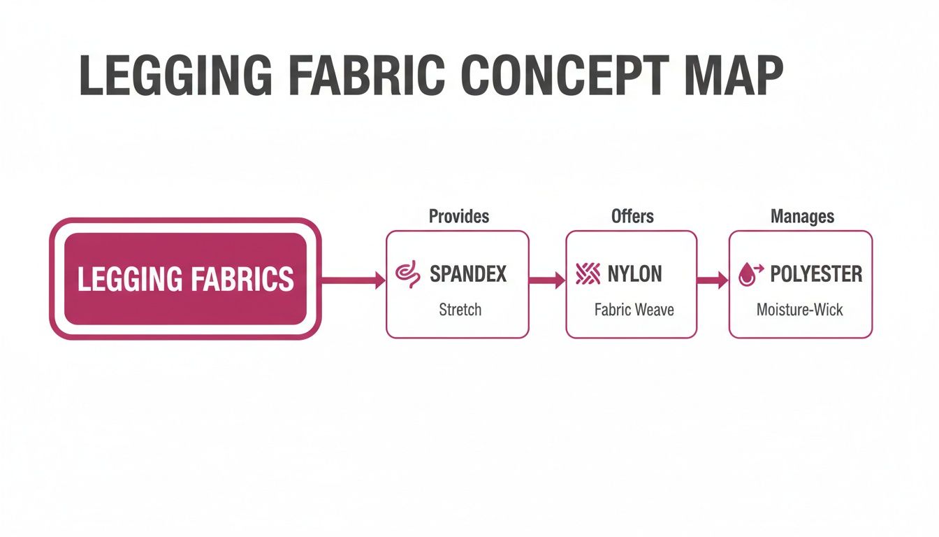 Concept map showing legging fabrics: Spandex provides stretch, Nylon offers fabric weave, Polyester manages moisture-wicking.
