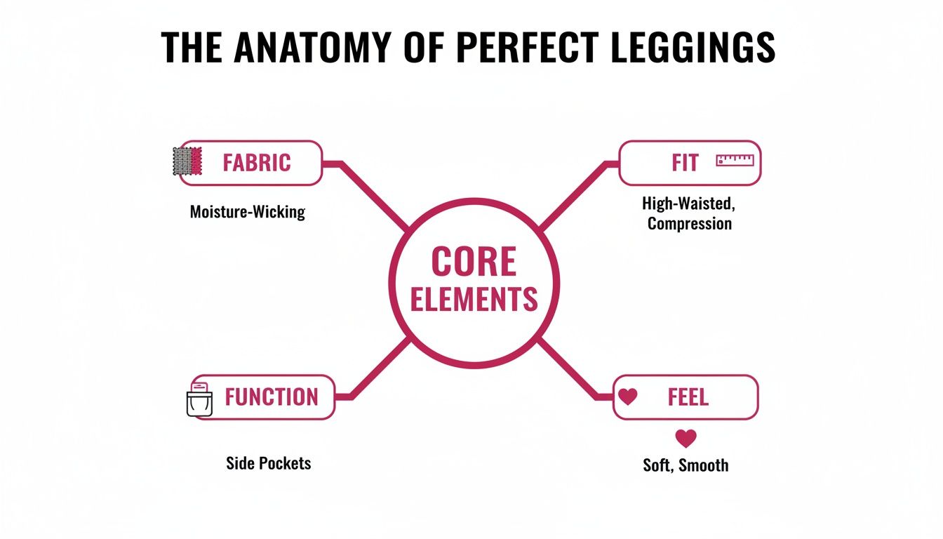 Infographic detailing the core elements for perfect leggings: fabric, fit, function, and feel.