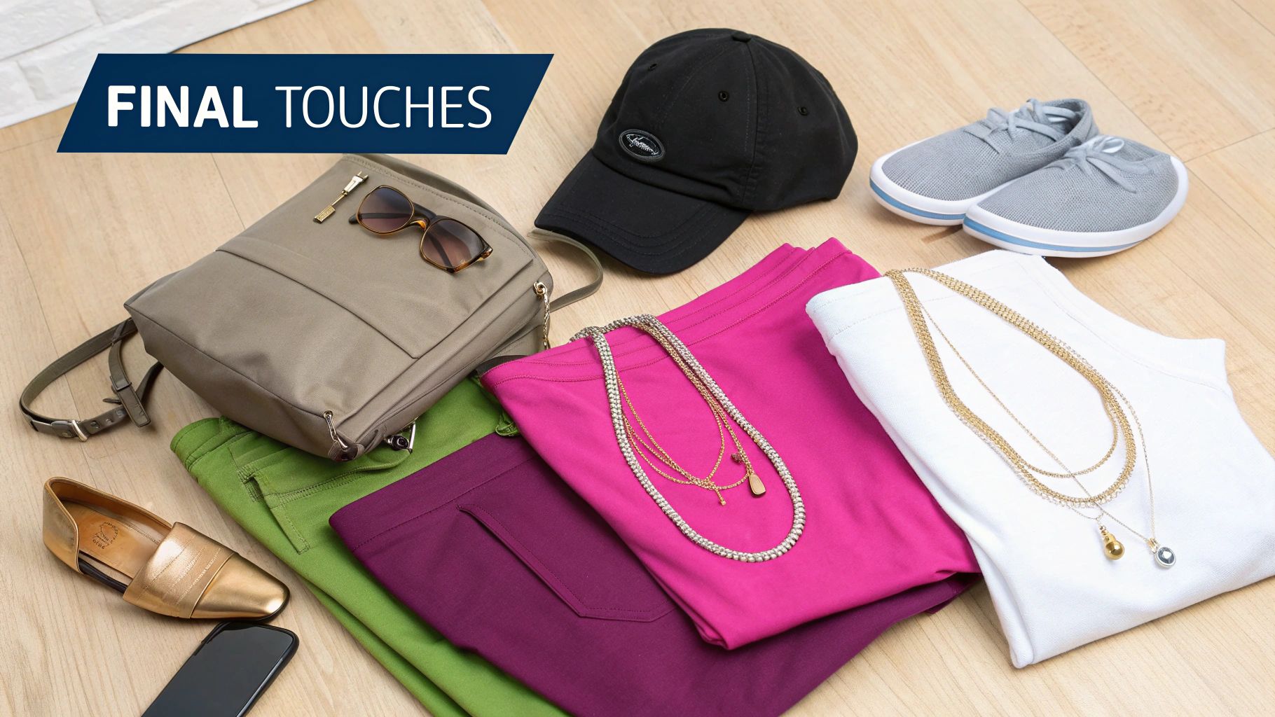 A flat lay of casual outfits and accessories, including pants, t-shirt, shoes, bag, and cap.