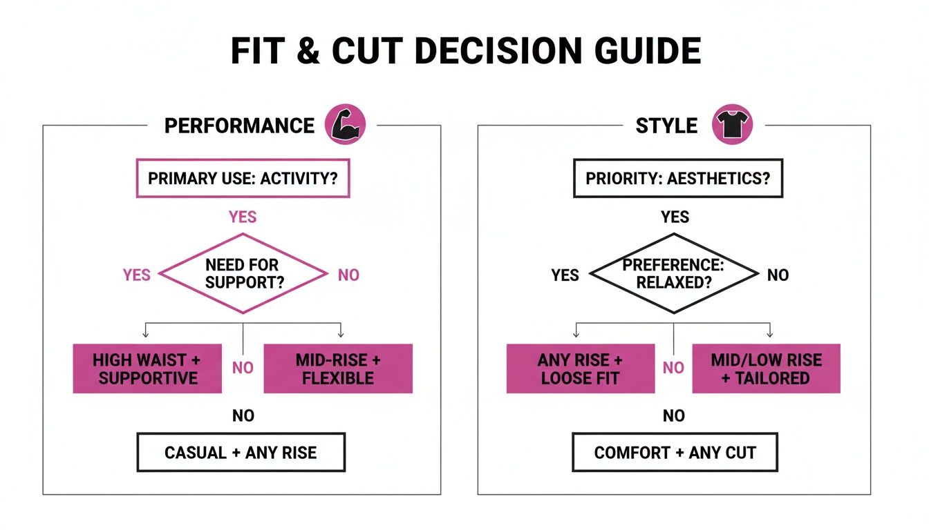 A fit and cut decision guide flowchart, categorizing choices by performance and style considerations.