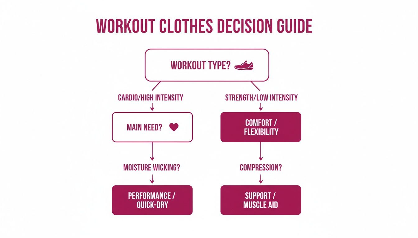 A decision guide flowchart for choosing workout clothes based on workout type and desired features.