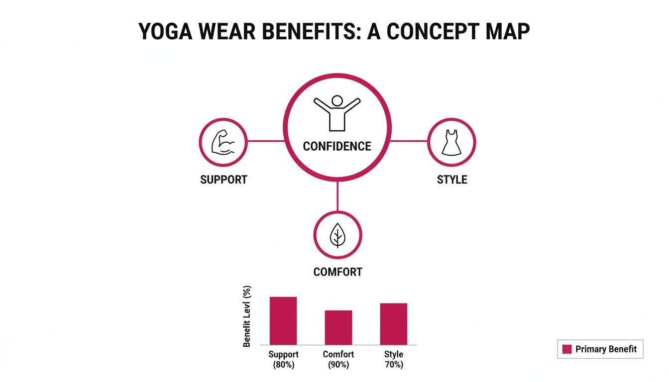 A concept map showing yoga wear benefits: Confidence, Support, Style, and Comfort, with a bar chart of their benefit levels.