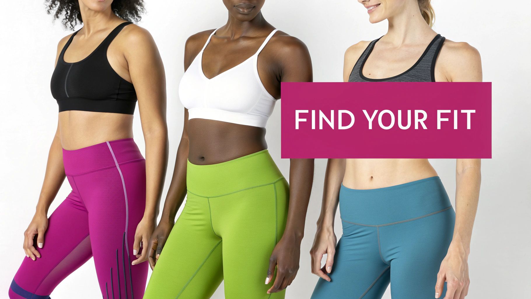 Three diverse women wearing colorful sports bras and leggings, promoting activewear fit.