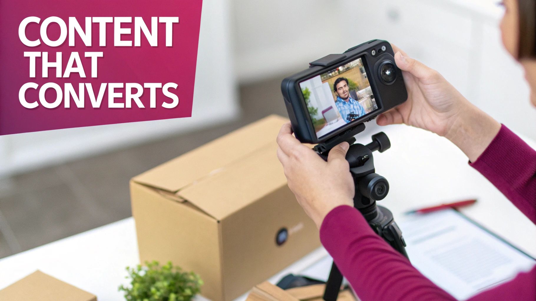 A person records video with a smartphone on a tripod, featuring 'CONTENT THAT CONVERTS' text.
