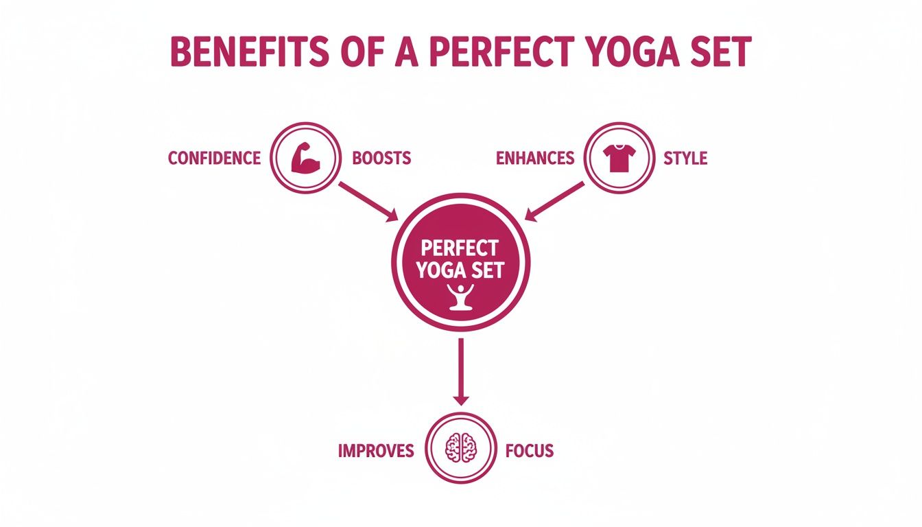 Diagram showing the benefits of a perfect yoga set, including boosting confidence, enhancing style, and improving focus.