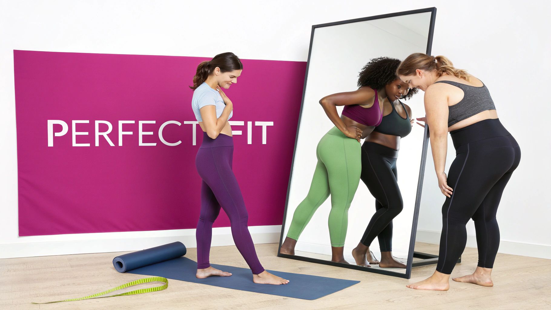 Three women of diverse body types happily trying on athletic leggings in front of a mirror.