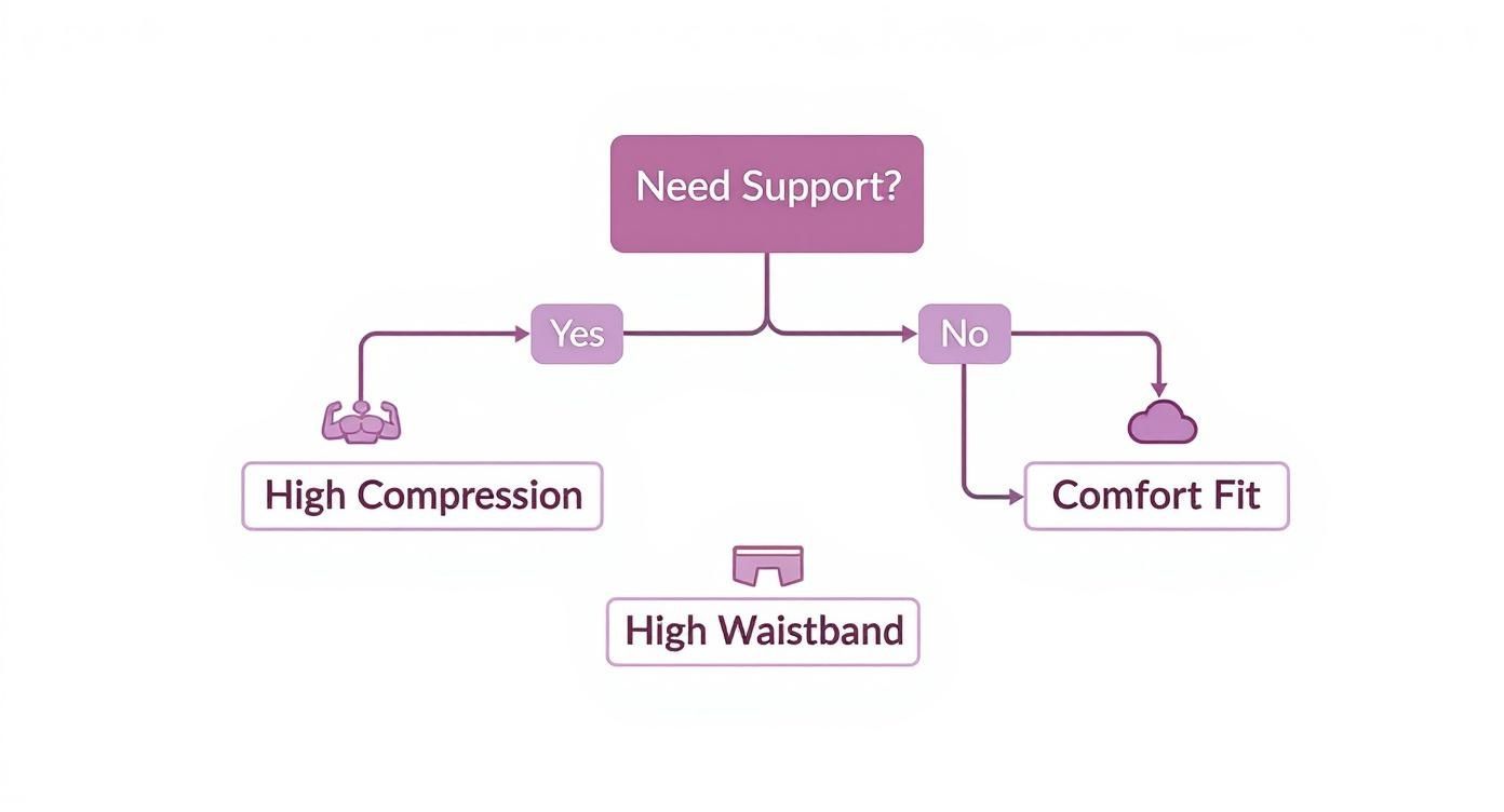 Flowchart for choosing leggings based on support: High Compression, Comfort Fit, and High Waistband options.