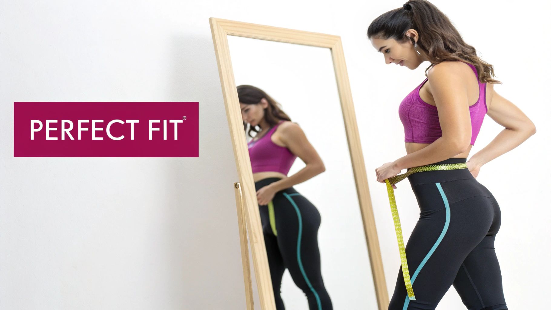 A fit woman in a purple sports bra and black leggings measures her waist in a mirror.