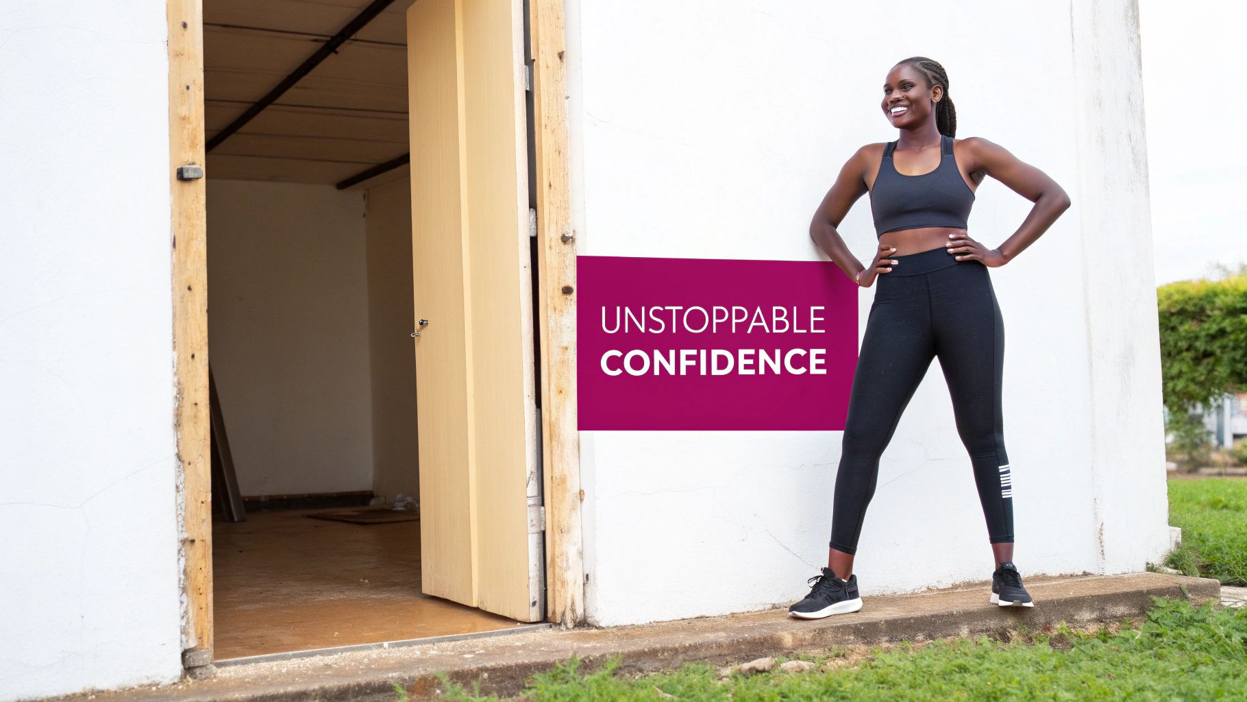 Smiling Black woman in athletic wear stands confidently by an open door with a "UNSTOPPABLE CONFIDENCE" banner.
