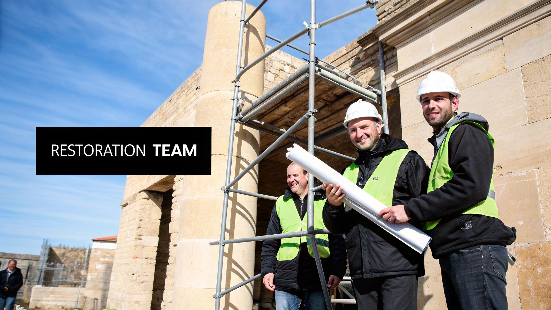 Three men in hard hats and safety vests on a restoration site, two smiling and holding blueprints.