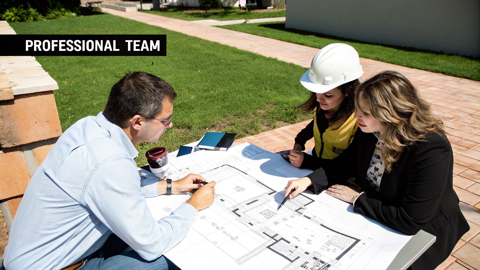 A team of construction professionals reviewing plans on a building site