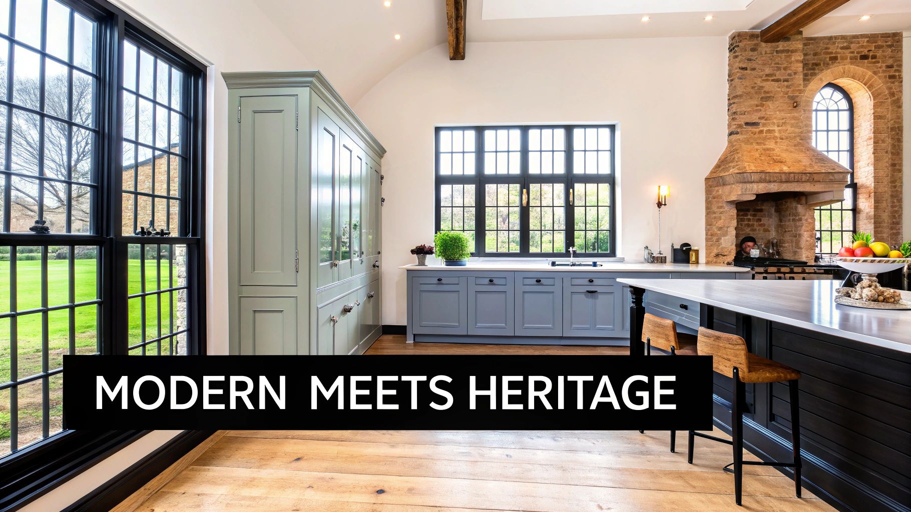 A modern kitchen interior blending gray cabinetry, large windows, and a light green pantry with heritage brickwork.