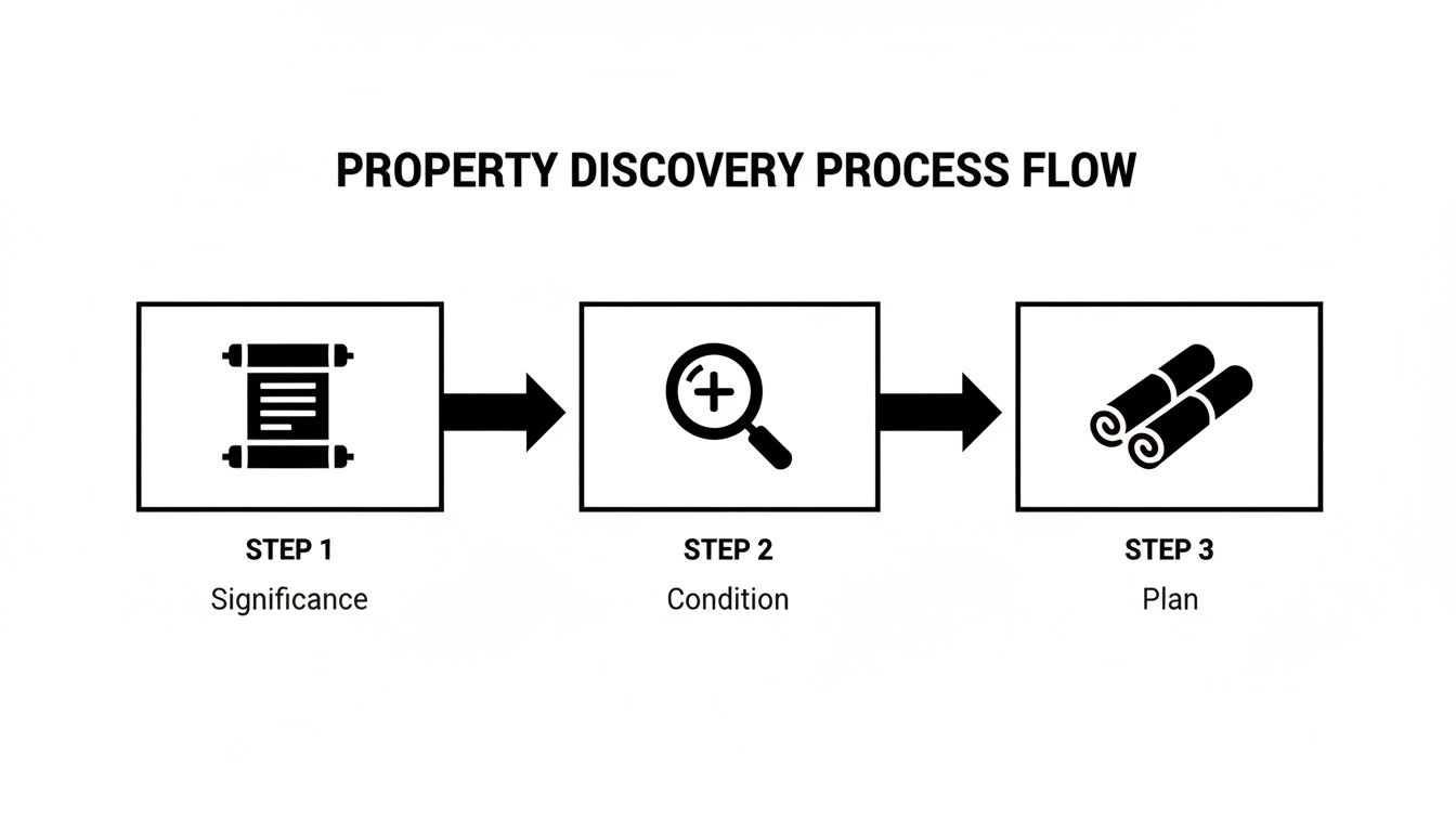 A property discovery process flow diagram outlining three steps: Significance, Condition, and Plan.
