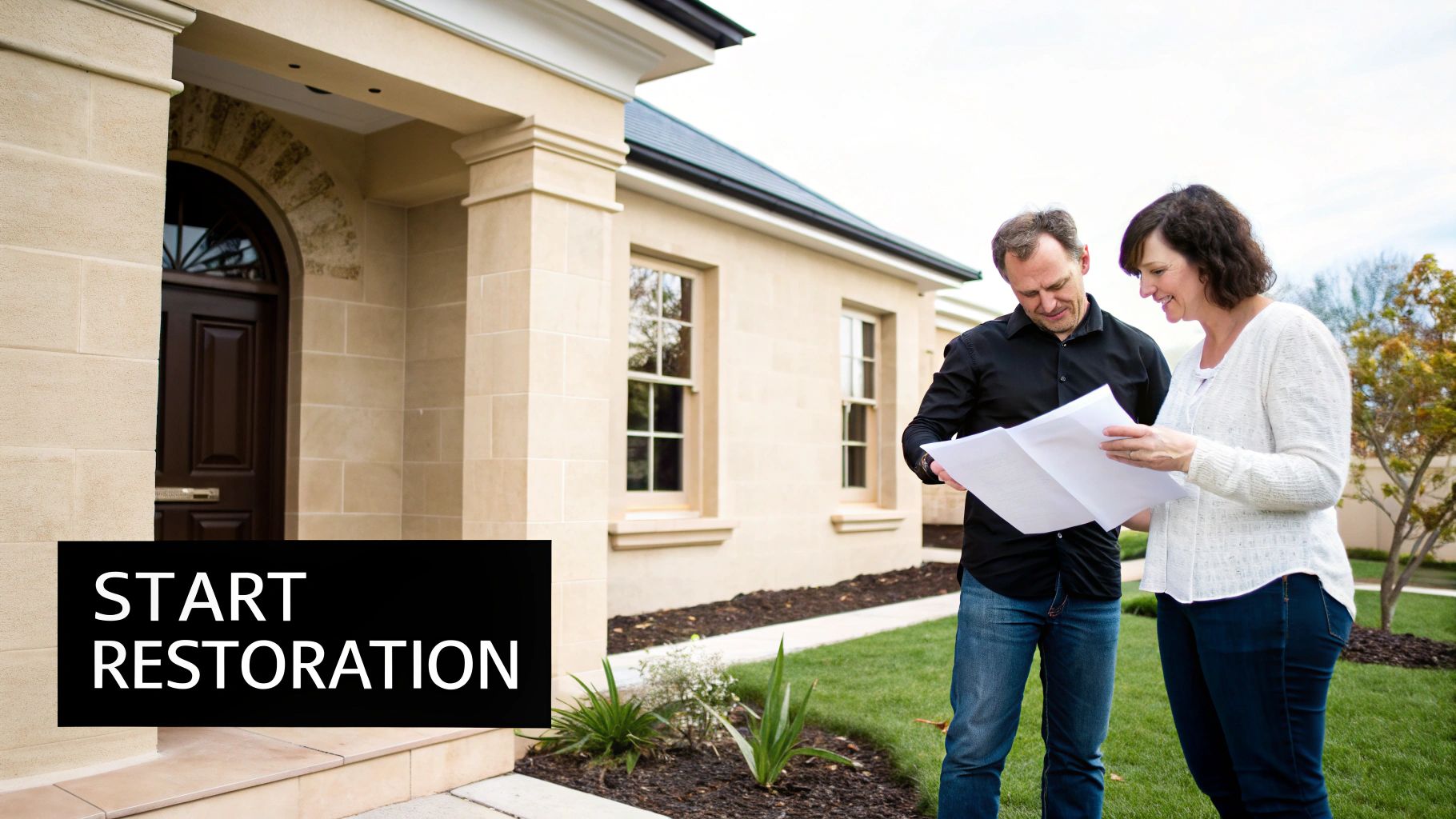 A couple reviews blueprints in front of a house, with 'START RESTORATION' text overlaid.