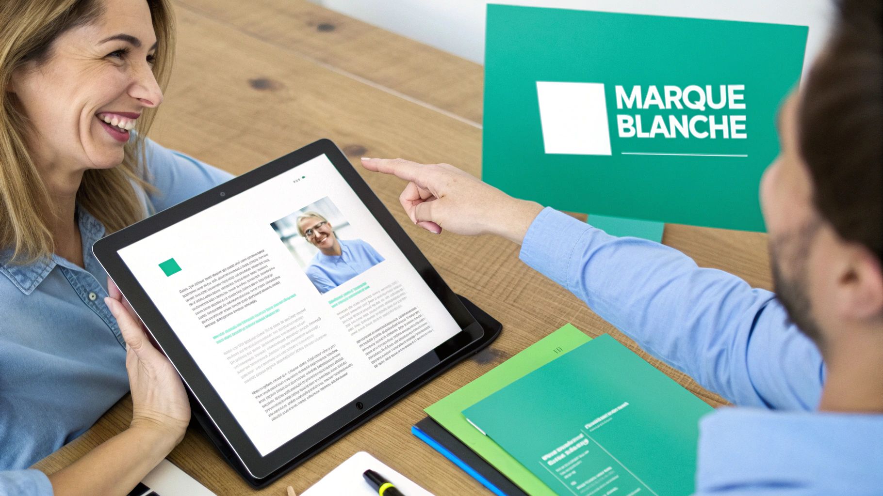 Two smiling people collaborate while looking at digital content on a tablet, with a 'WHITE LABEL' screen.