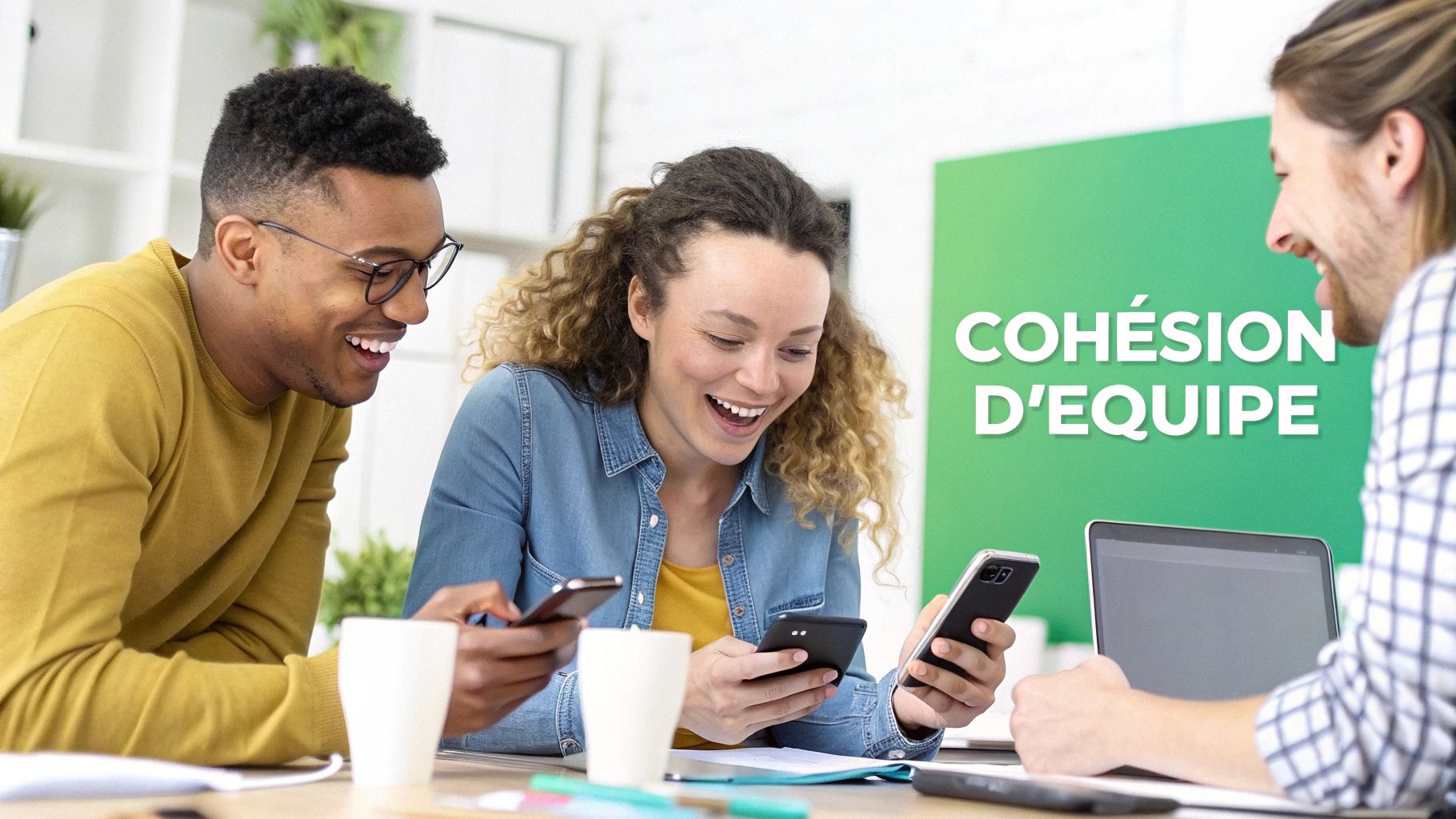 Three smiling colleagues using their smartphones around a table, fostering team cohesion.