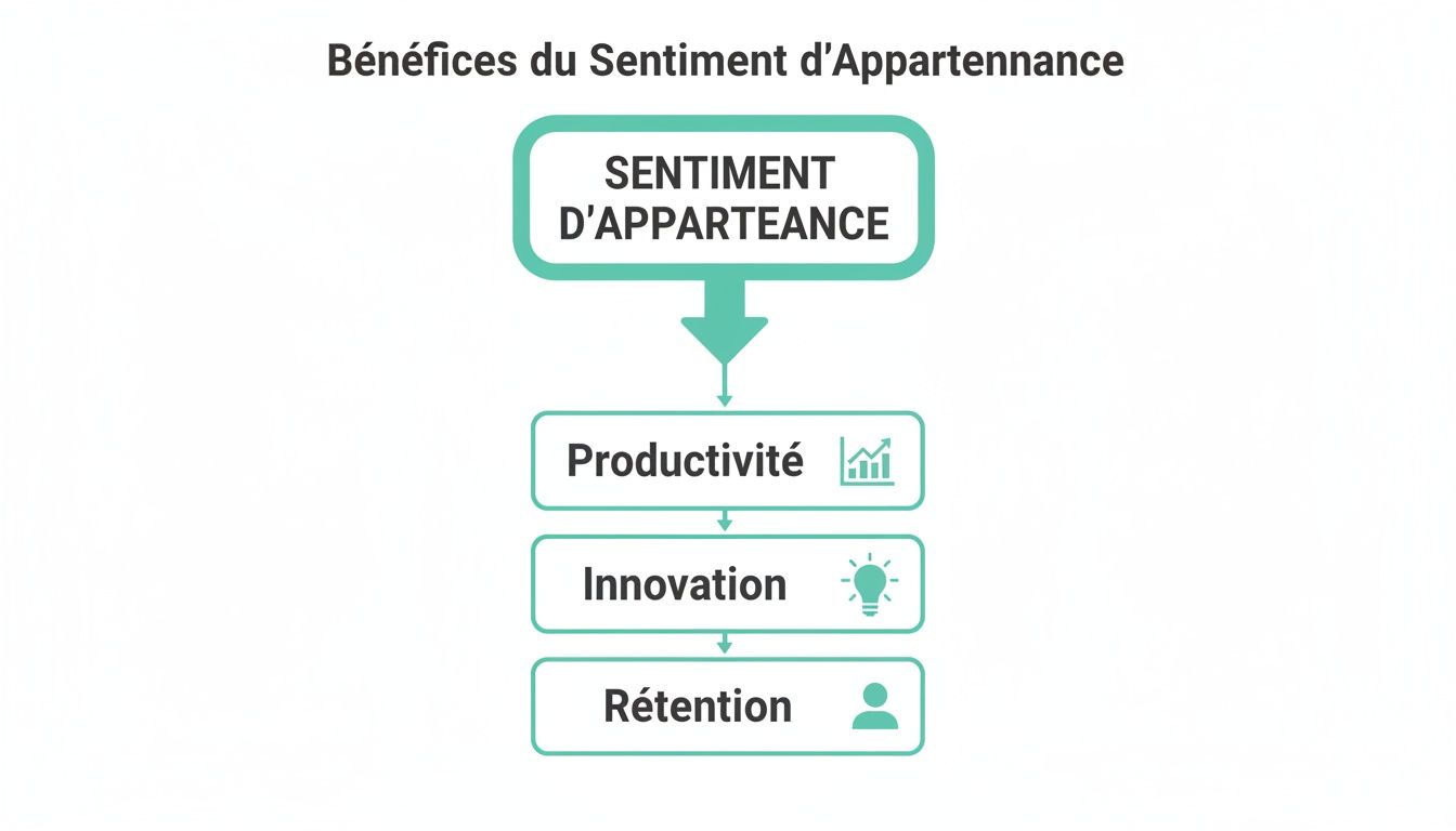 Infographie montrant les bénéfices du sentiment d'appartenance : productivité, innovation et rétention du personnel.