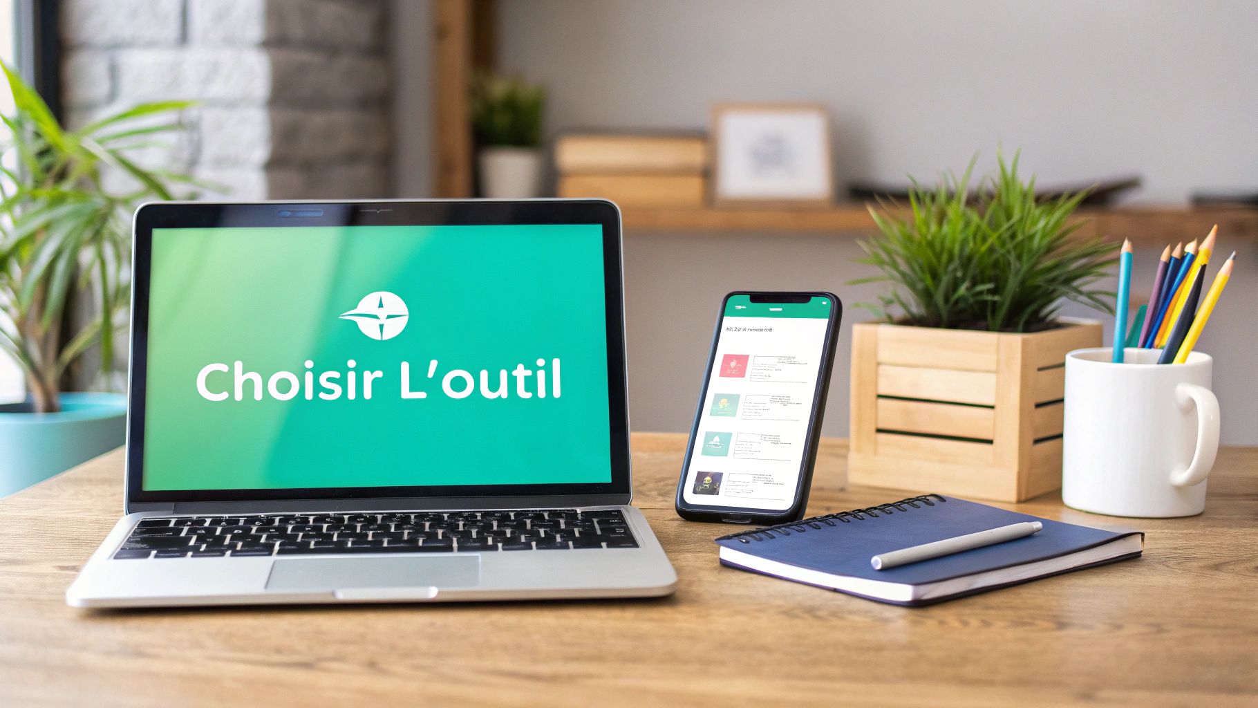 Un bureau de travail moderne avec un ordinateur portable, un smartphone, un carnet et des accessoires de bureau.