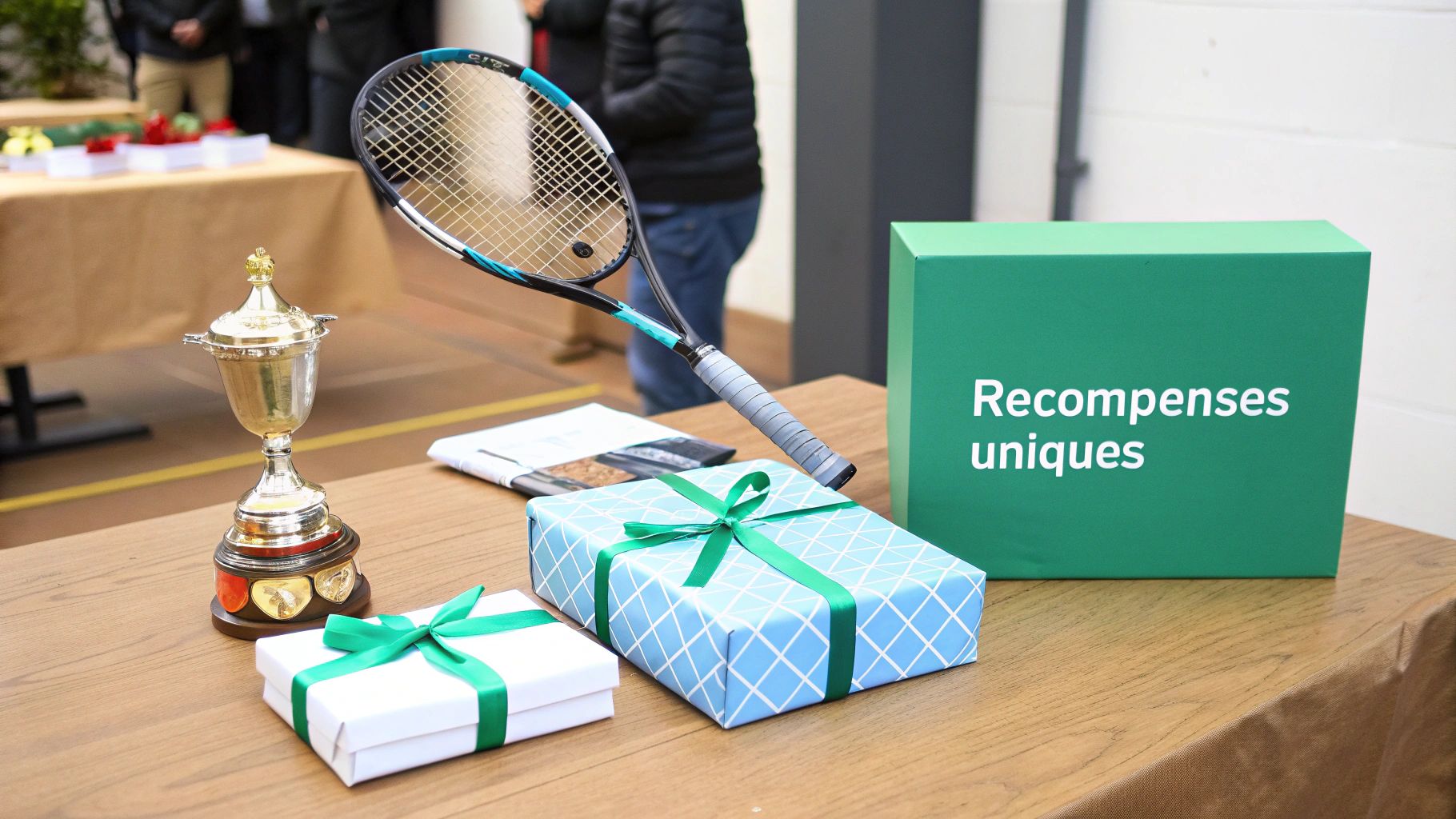 A wooden table with a tennis racket, a golden trophy, gifts, and a green box displaying 'Unique Rewards'.