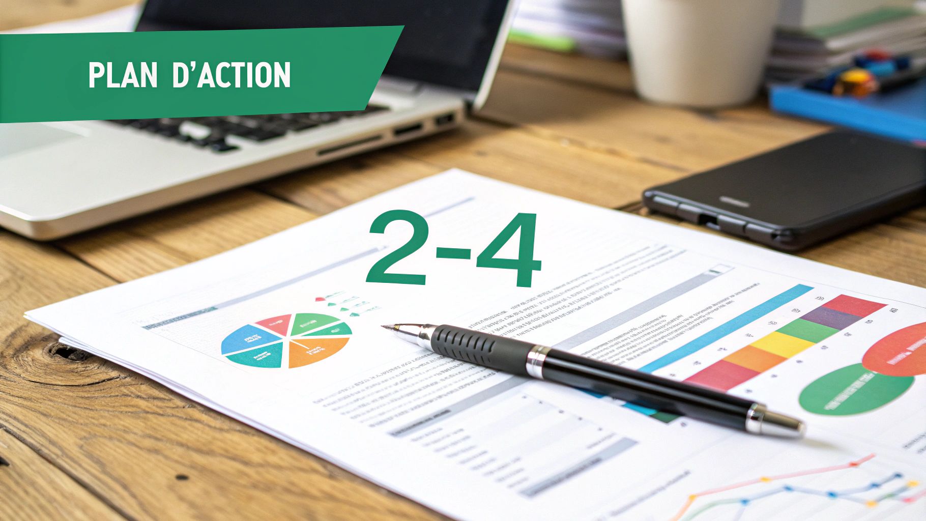Document "PLAN D'ACTION" avec graphiques, stylo et ordinateur portable sur un bureau en bois. Étape 2-4.