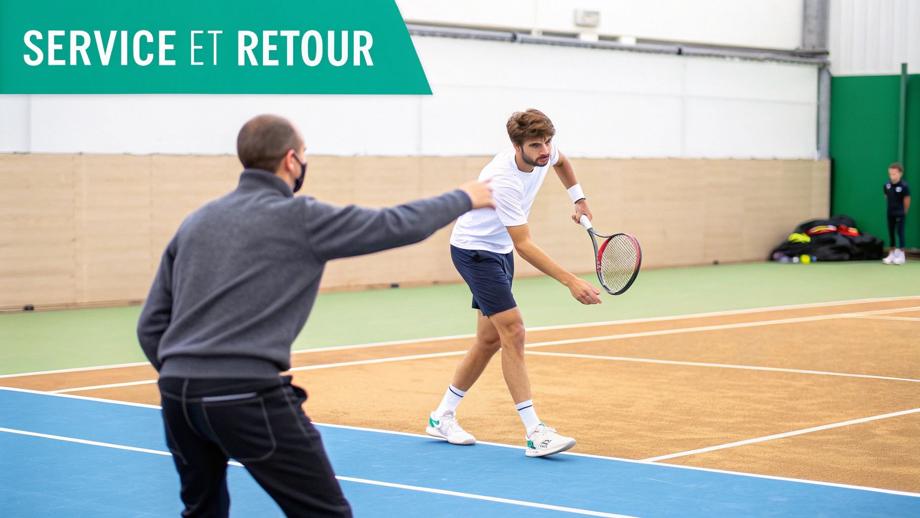 A masked coach guides a tennis player with a racket on a court, with the text 'SERVE AND RETURN'.