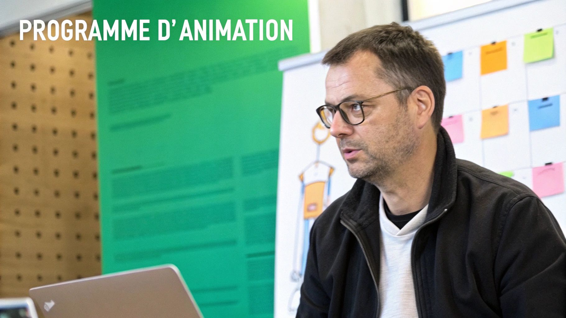 Un homme aux lunettes et à la barbe, assis devant un ordinateur portable, avec une bannière verte affichant "PROGRAMME D'ANIMATION" en arrière-plan.