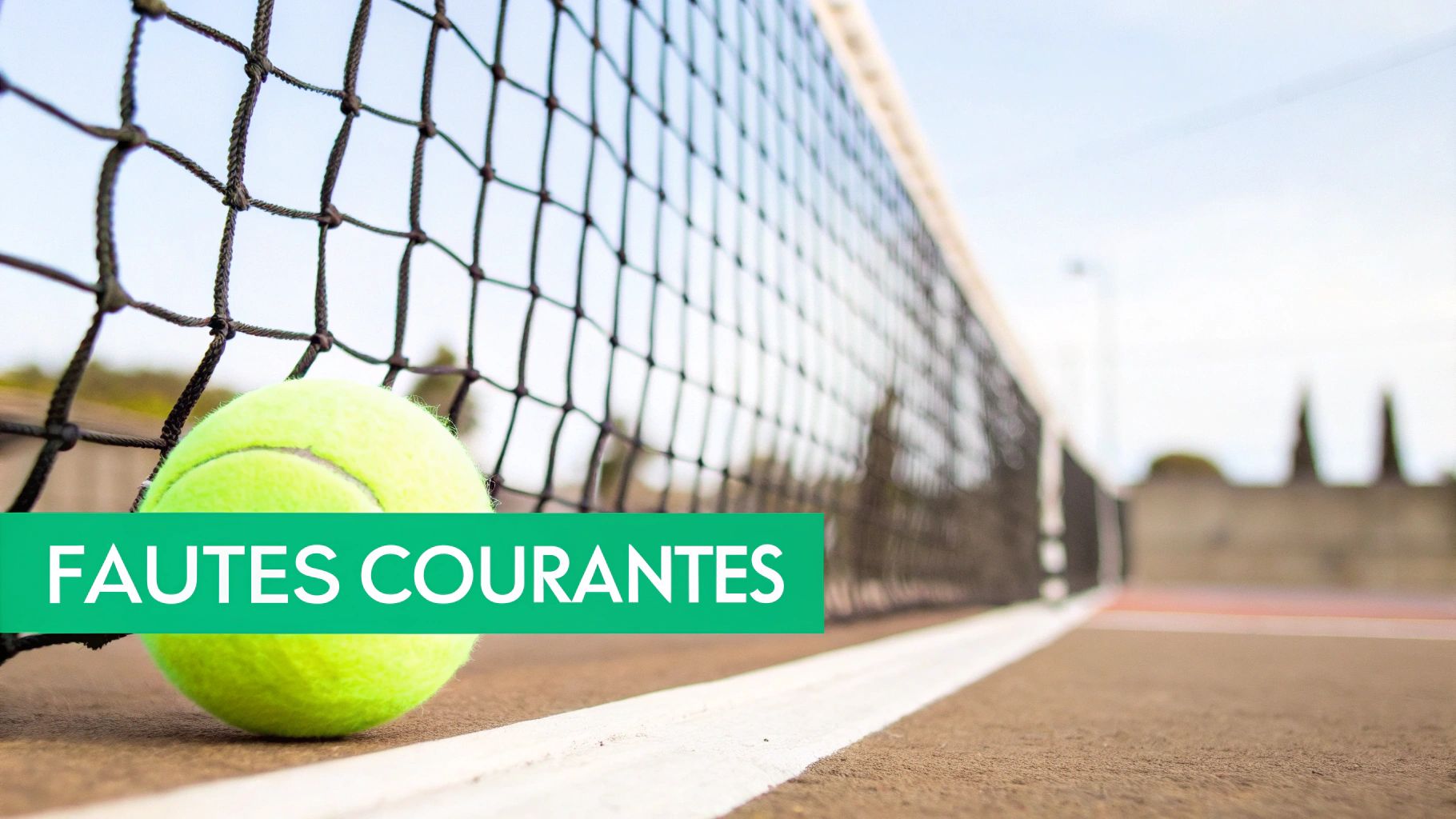 A fluorescent yellow tennis ball is placed on a court next to a net. The text 'COMMON FAULTS' is overlaid.