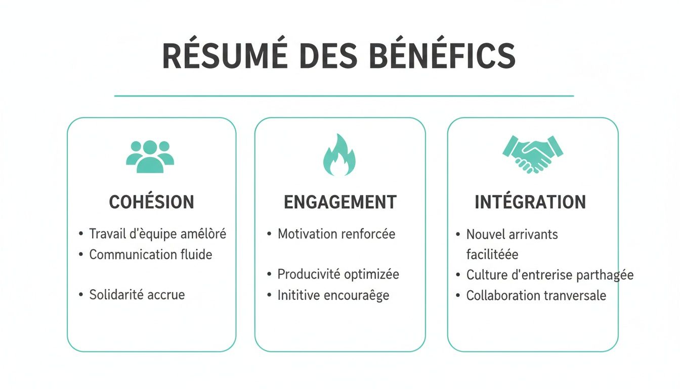 Infographic of the benefits of a company, including team cohesion, employee engagement, and integration of newcomers.