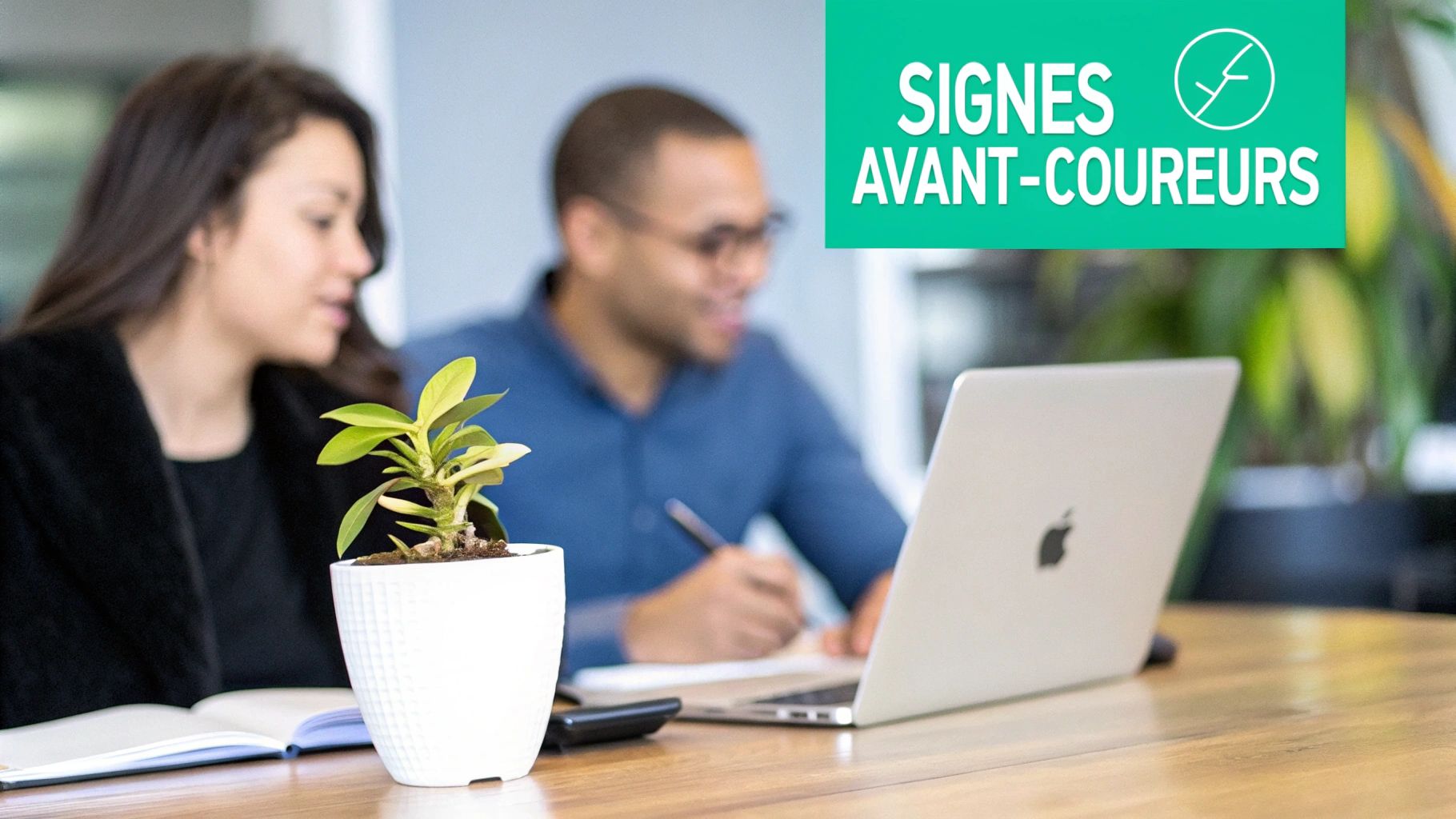 Deux collègues travaillent ensemble à une table avec un ordinateur portable, un carnet et une plante.