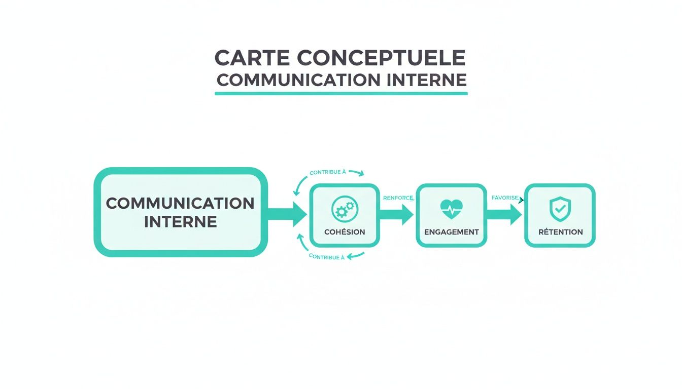 Concept map showing how internal communication fosters cohesion, strengthens engagement, and improves retention.