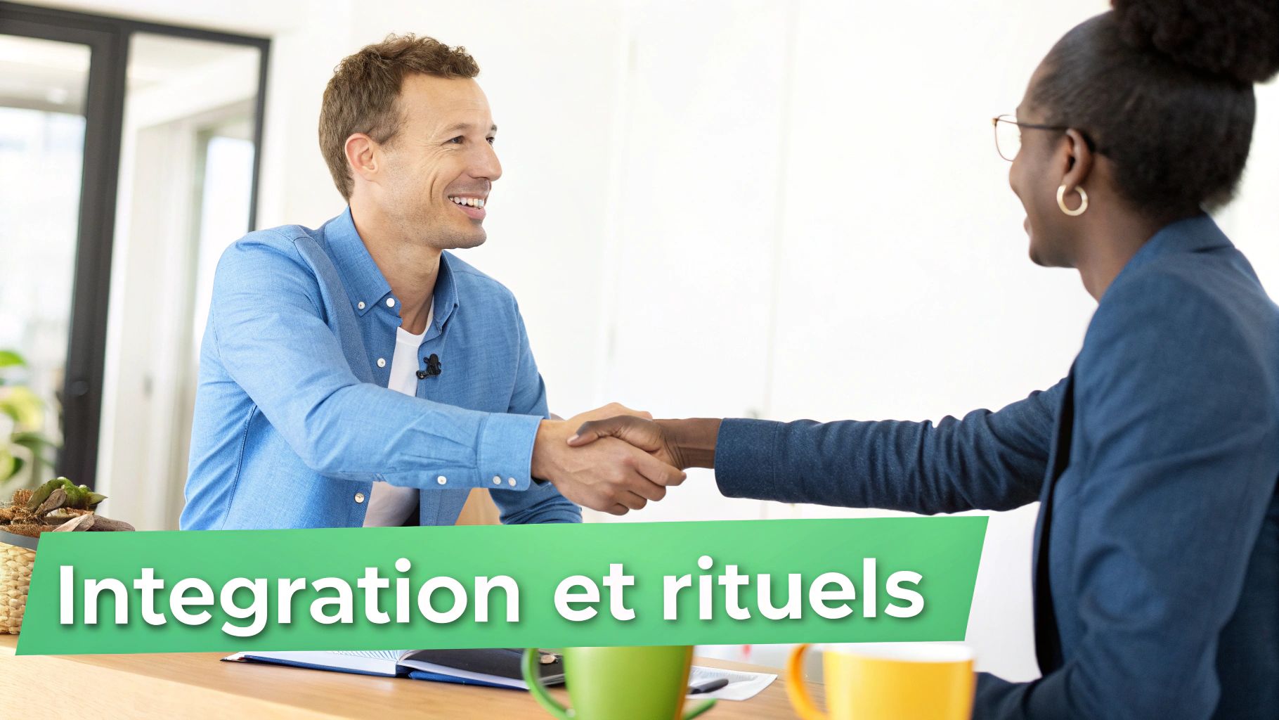 Deux professionnels souriants se serrent la main dans un bureau, avec le titre "Intégration et rituels" en surimpression.