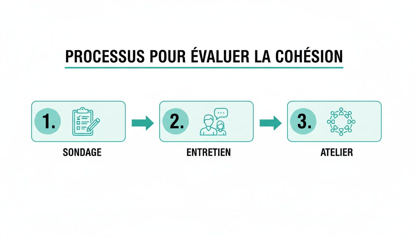Diagramme montrant les trois étapes pour évaluer la cohésion d'équipe: sondage, entretien, et atelier.