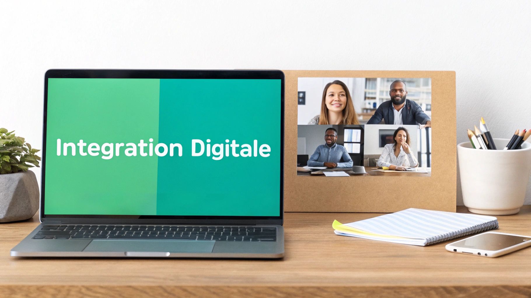 Un ordinateur portable avec "Intégration Digitale" et un tableau blanc affichant une visioconférence avec quatre personnes, sur un bureau en bois.