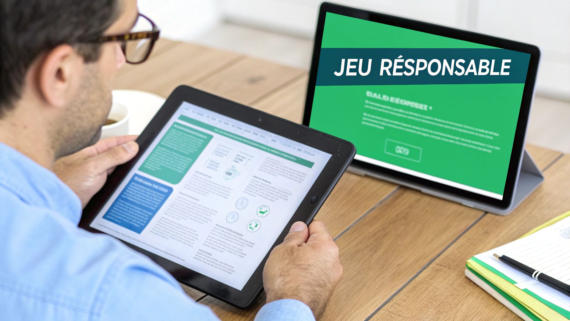 A man reading on a tablet, with a laptop displaying 'RESPONSIBLE GAMING' in the background.