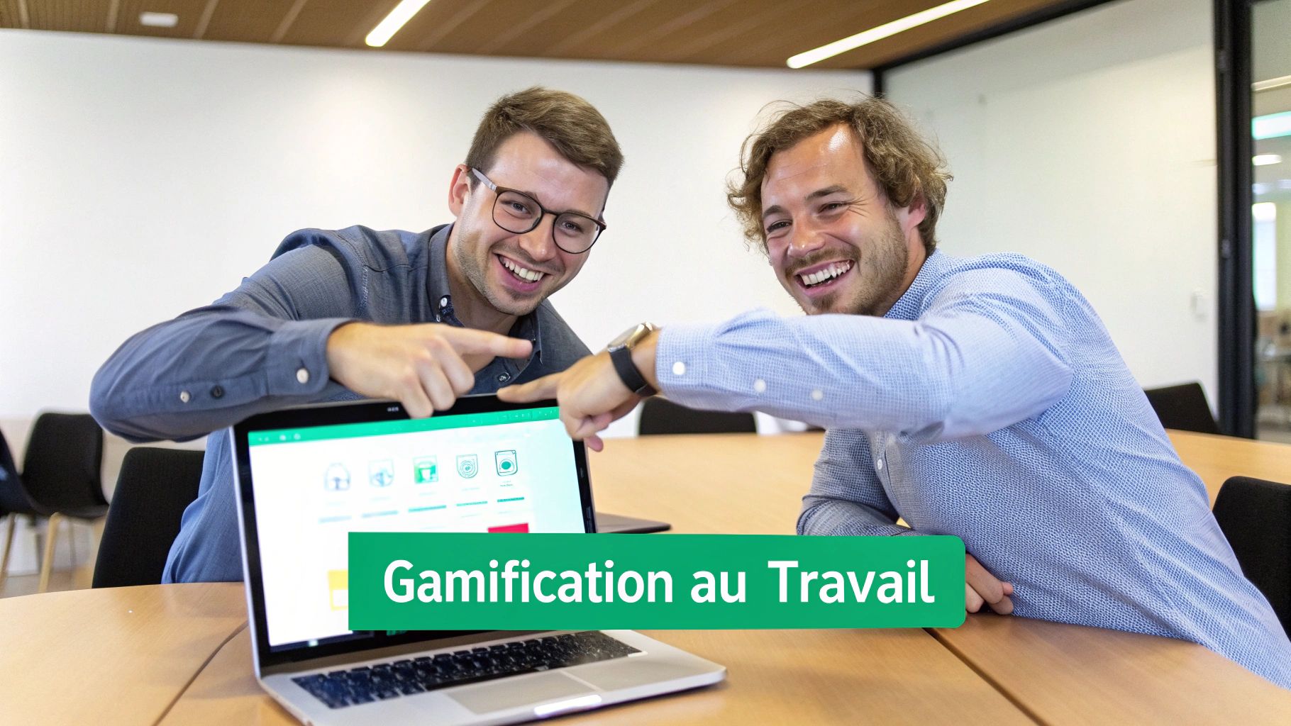 Deux hommes souriants en chemise pointent un ordinateur portable affichant une application de gamification au travail dans un bureau moderne.