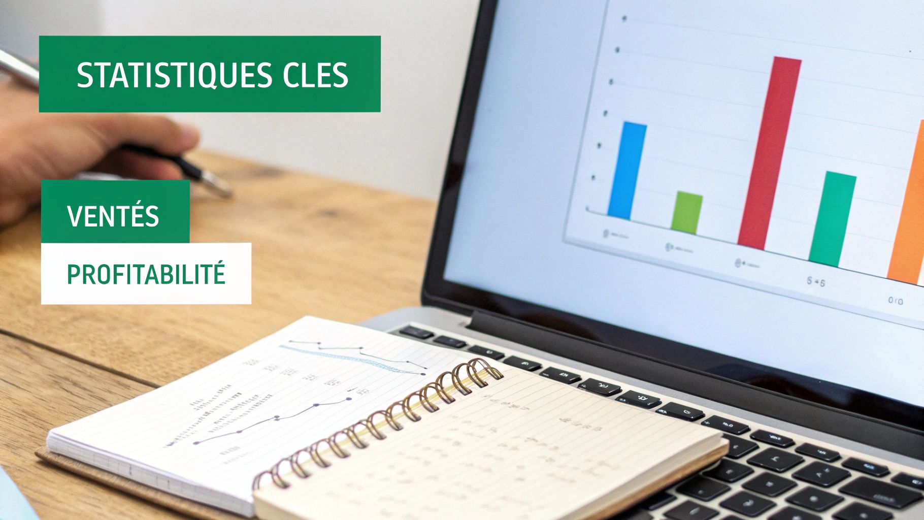 Main d'une personne écrivant près d'un ordinateur portable affichant des graphiques de ventes et de profitabilité, avec des cahiers sur un bureau en bois.