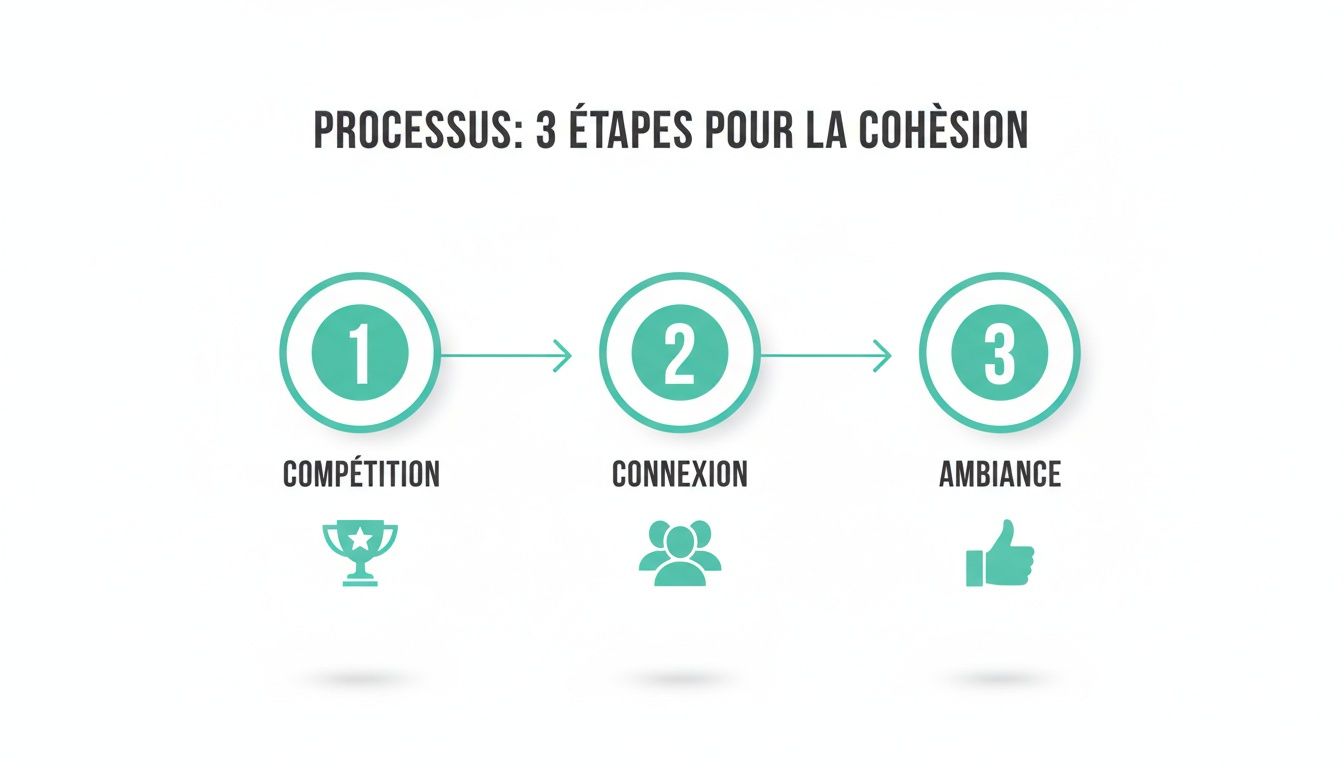 Infographie présentant un processus en 3 étapes pour la cohésion d'équipe : Compétition, Connexion et Ambiance, avec des icônes.