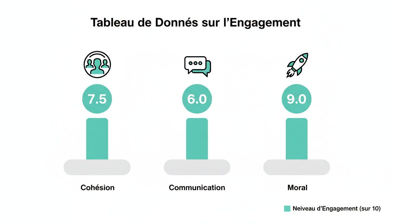 Tableau de données d'engagement affichant les scores de cohésion (7.5), communication (6.0) et moral (9.0).