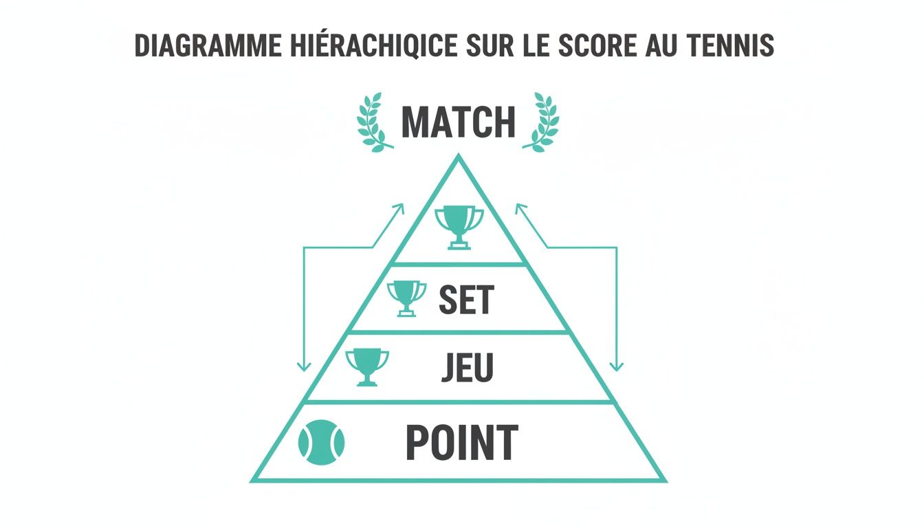 Hierarchical diagram illustrating the structure of scoring in tennis, detailing the progression from point to match, via game and set.